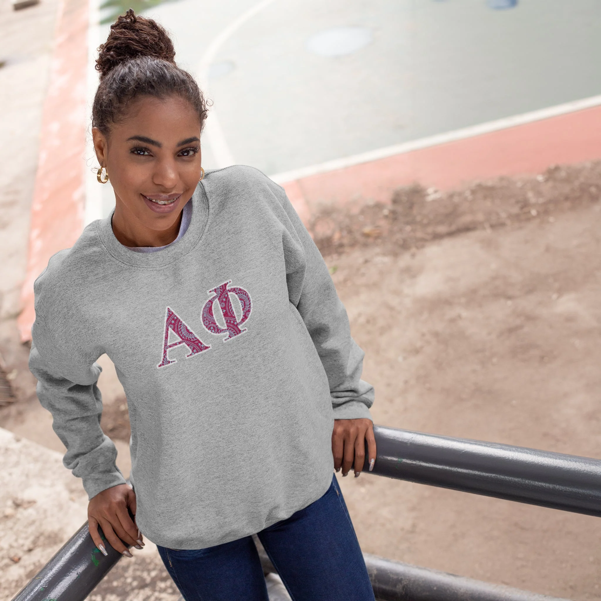 Alpha Phi Greek Letter Sport Gray Crewneck Sweatshirt - Image 3