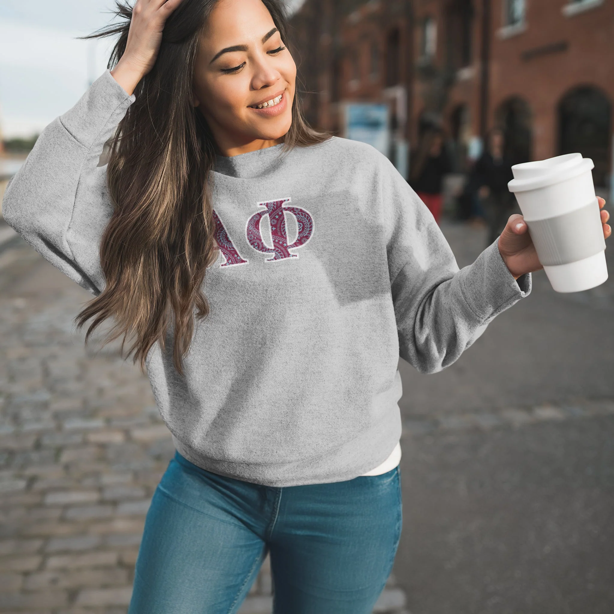 Alpha Phi Greek Letter Sport Gray Crewneck Sweatshirt - Image 5