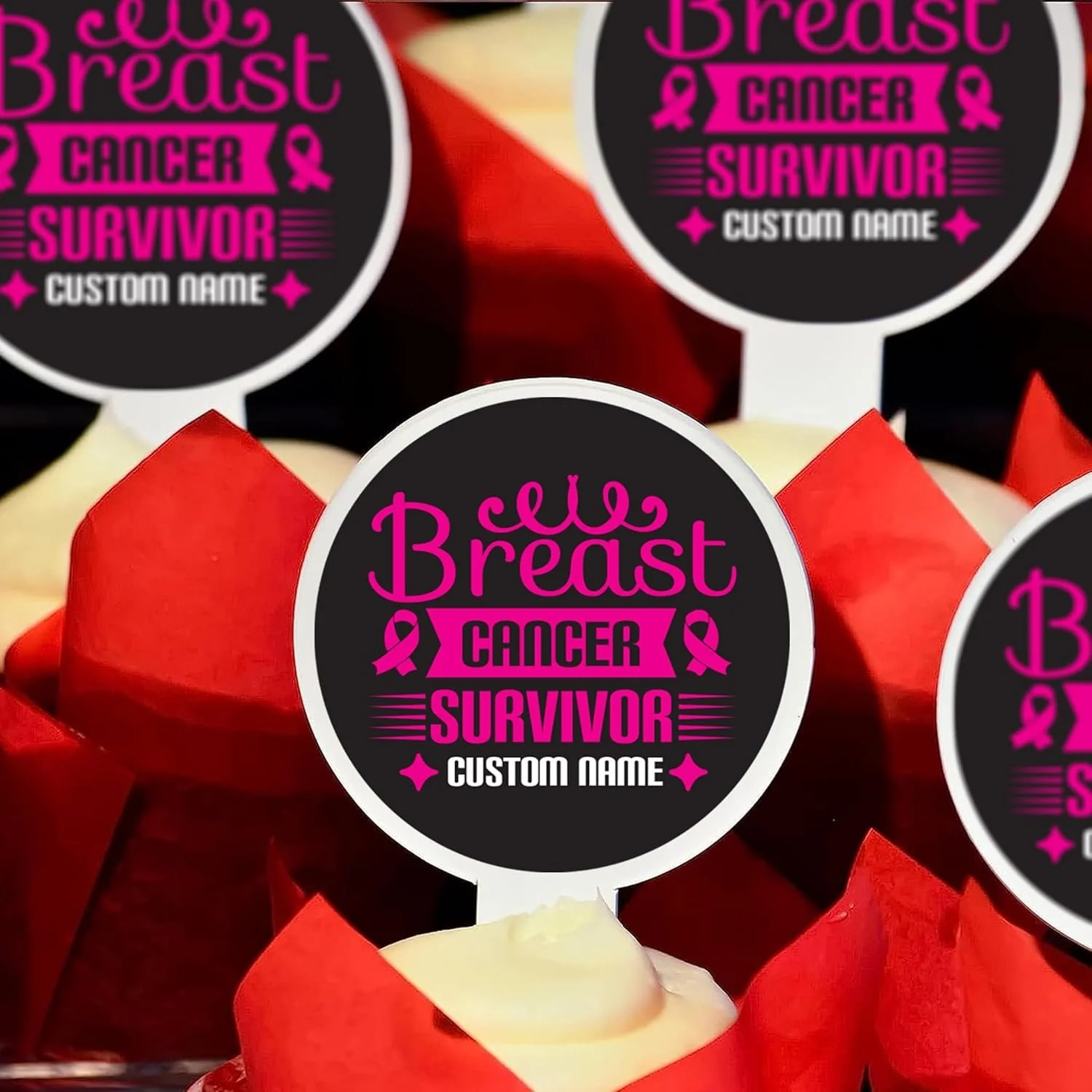 Personalized Breast Cancer Survivor Cupcake Toppers - Image 4